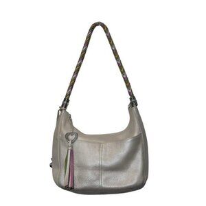 Brighton Barbados Pebbled Leather Handbag Purse Hobo Zip Top Ivory Pearl Multi